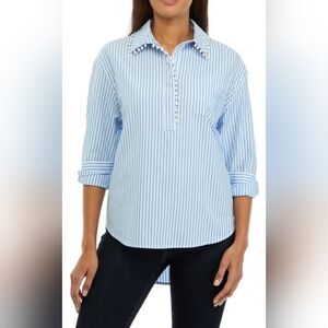 Crown & Ivy Pearl Trim Striped Blue Button Down Shirt ~Plus Size 3X